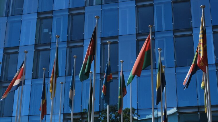Flags in front of a UN building in Geneva