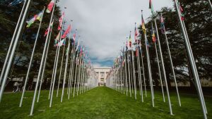 Flags in front of the Palais des Nations